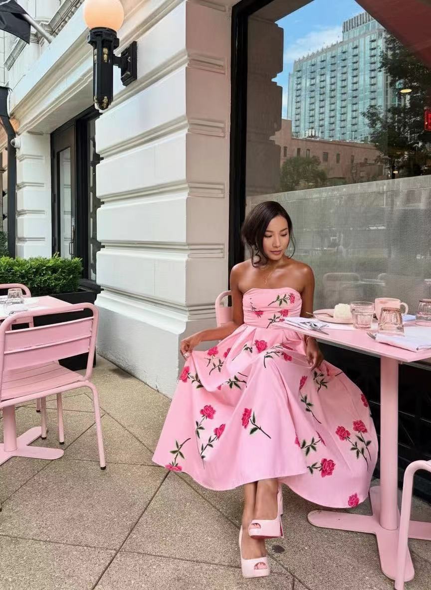 Satin flower imprinted off the shoulder sleeveless floor length party dress