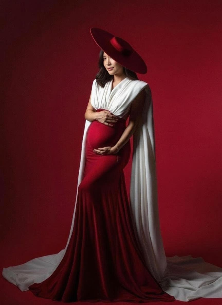 Pure red Satin short sleeve chapel length with cape Maternity gown