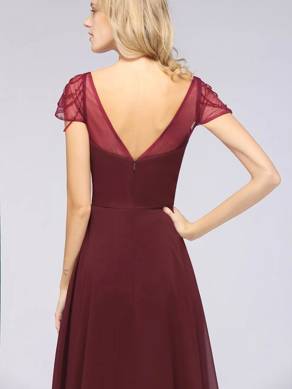 Short sleeve V neck floor length prom and formal party dress