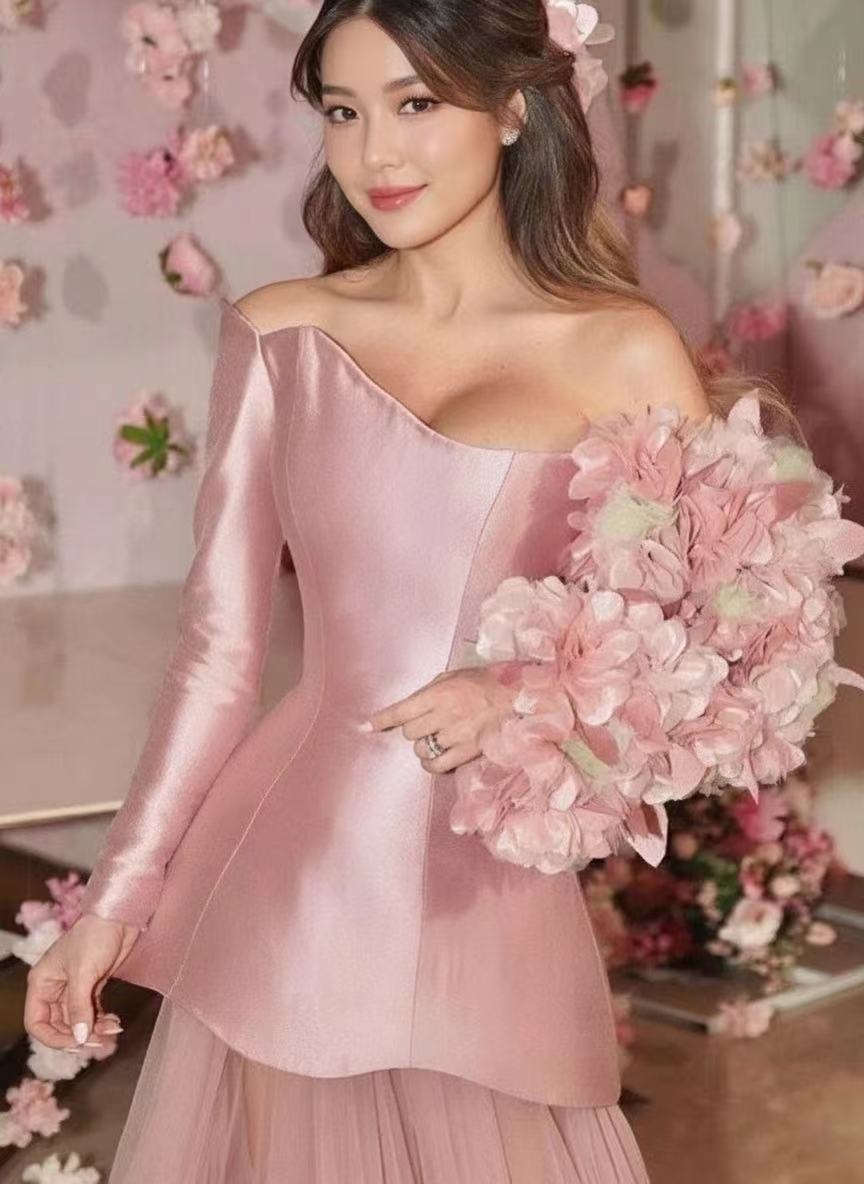 Satin one shoulder gorgeous floral designed dress