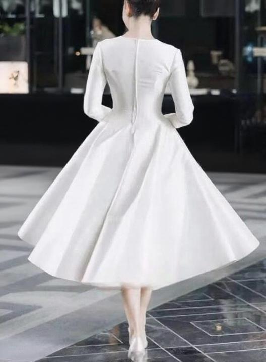 Satin long sleeve covered high round neck pure white plain formal party dress