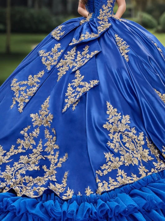 Gorgeously designed royal blue chapel length off the shoulder sleeveless ball gown