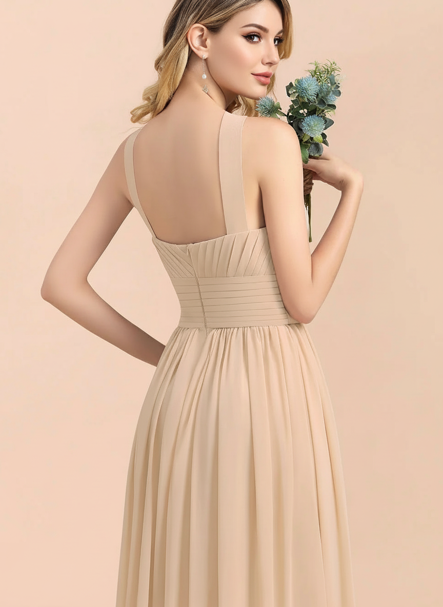 Satin sleeveless floor length square shape back bridal party and prom dress
