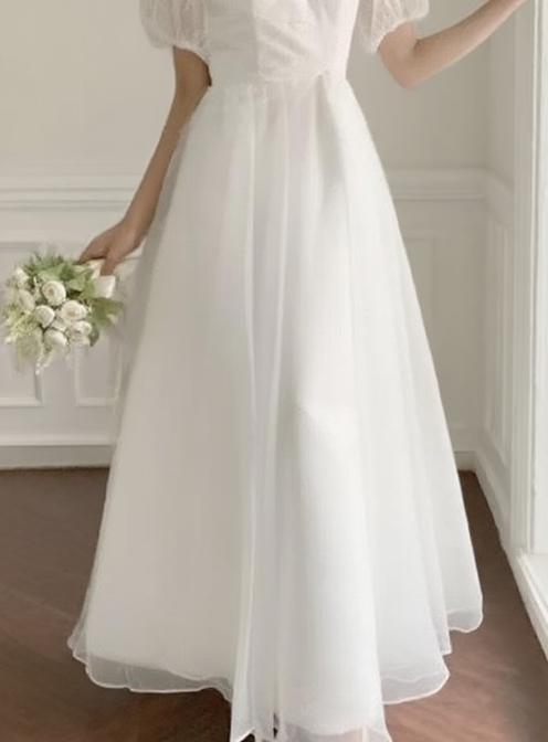 Pure white satin short sleeve small neck elegant bridal dress