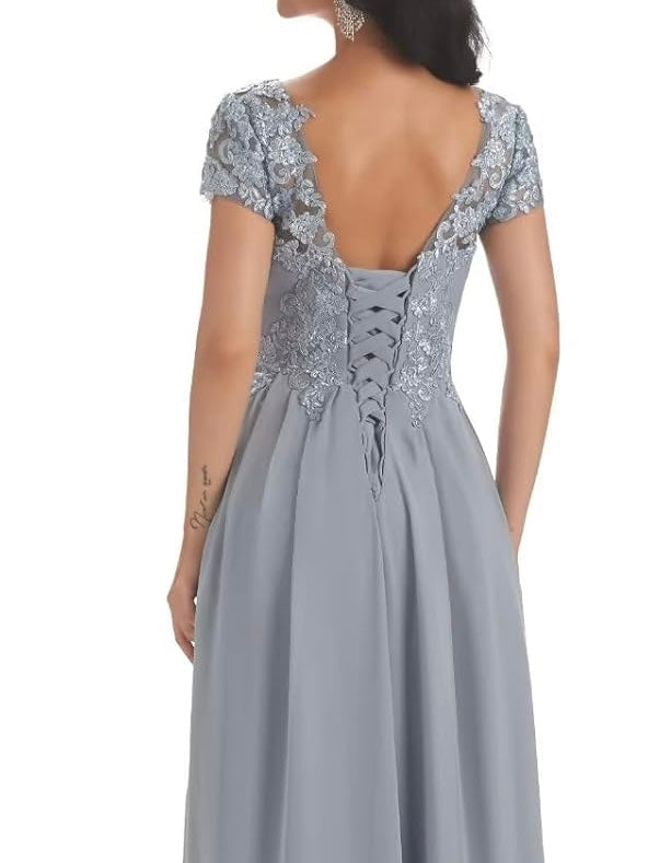 Ankle length lace designed short sleeve party dress