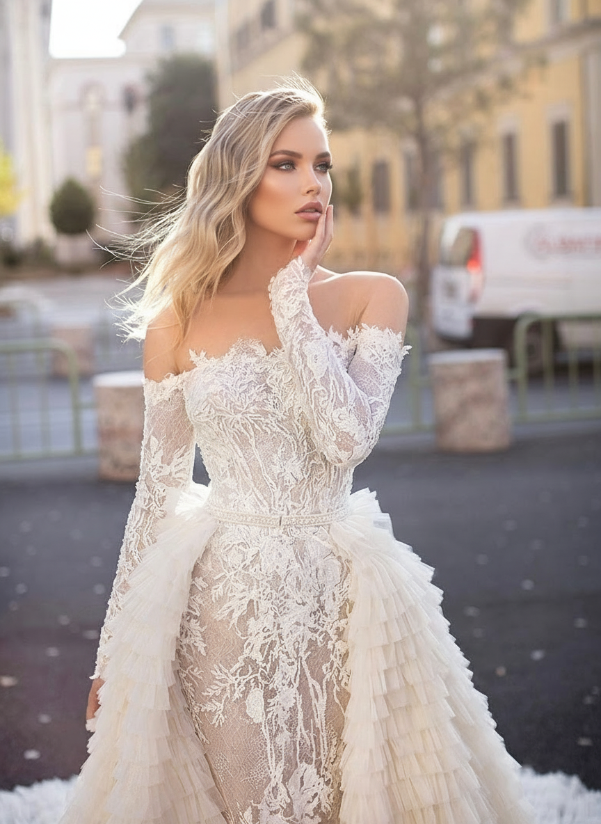 Long sleeve low back cathedral length with detachable overskirt bridal dress
