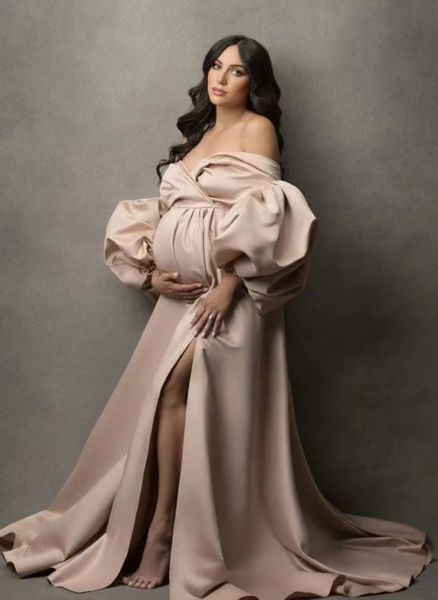 Satin Maternity gown off the shoulder puff long sleeve formal gown