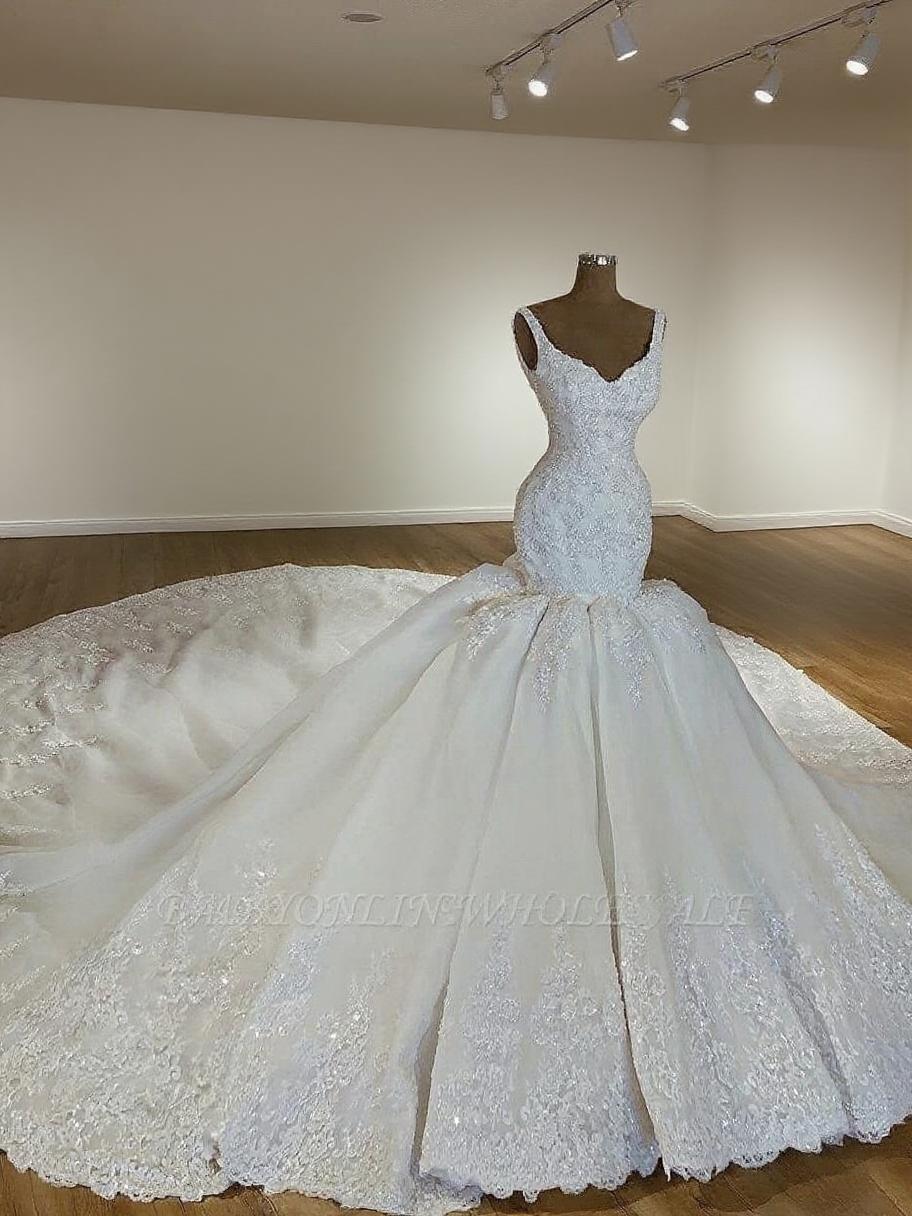 Mermaid style cathedral length v neck sleeveless sequined gorgeous bridal dress