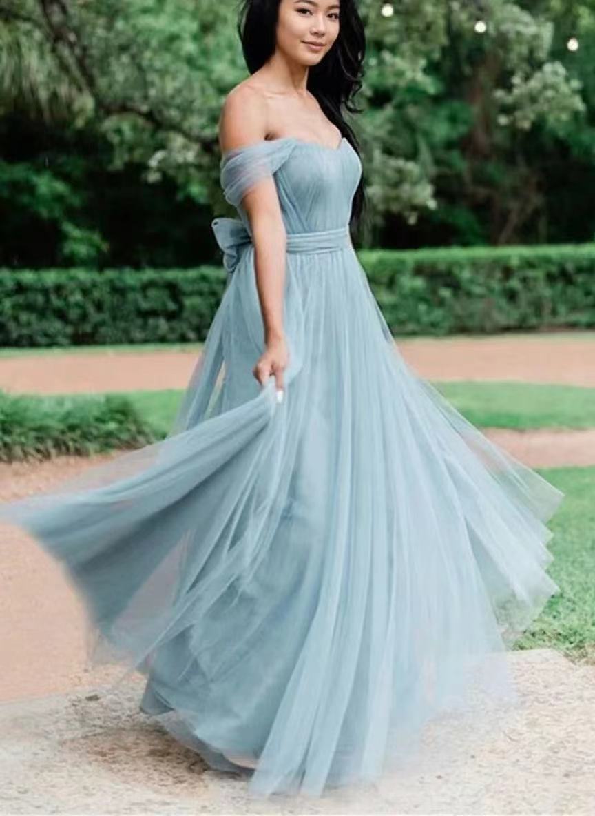 Off the shoulder yarn thin straps floor length bridal party bridesmaid dress