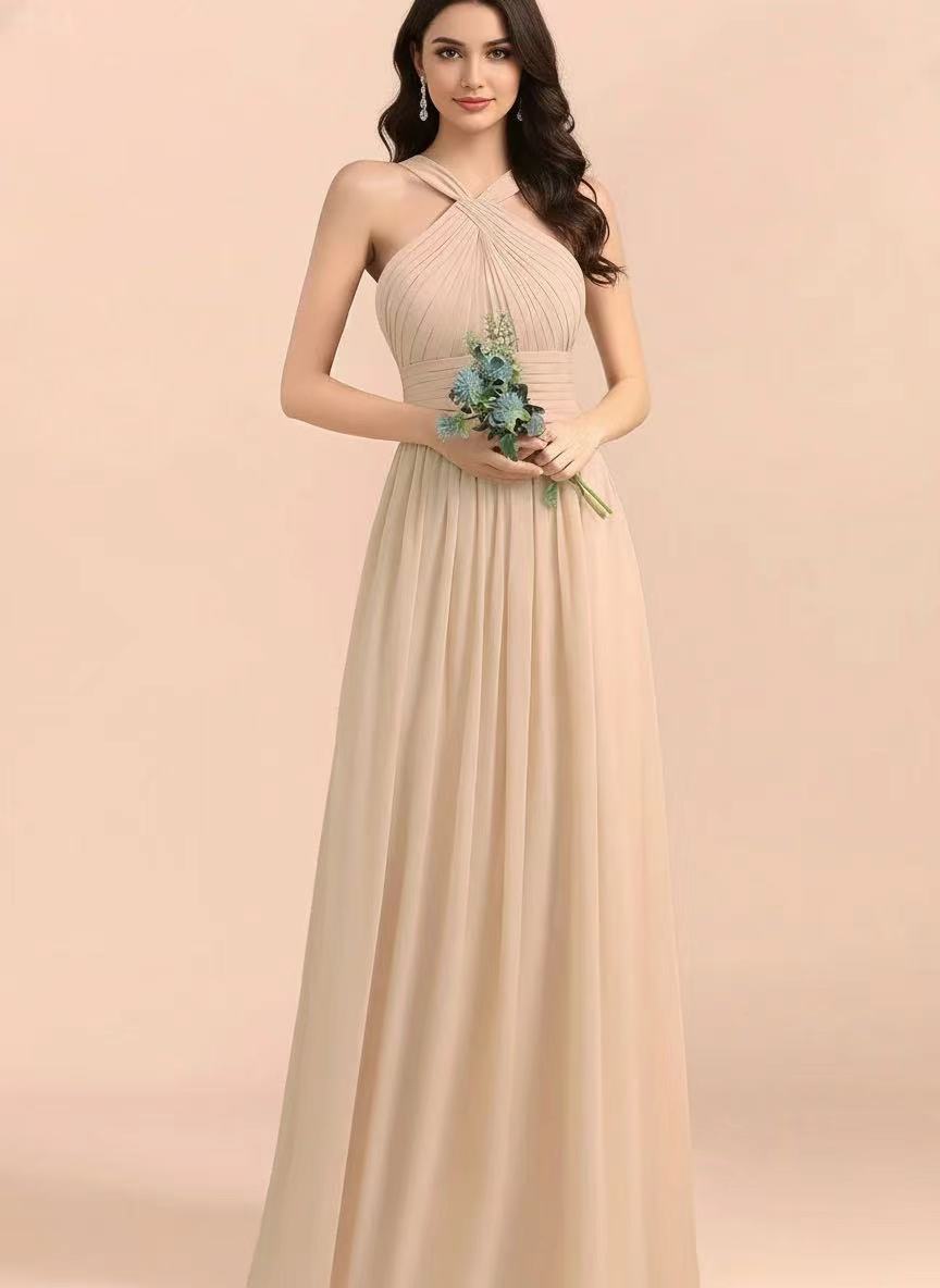 Satin sleeveless floor length square shape back bridal party and prom dress