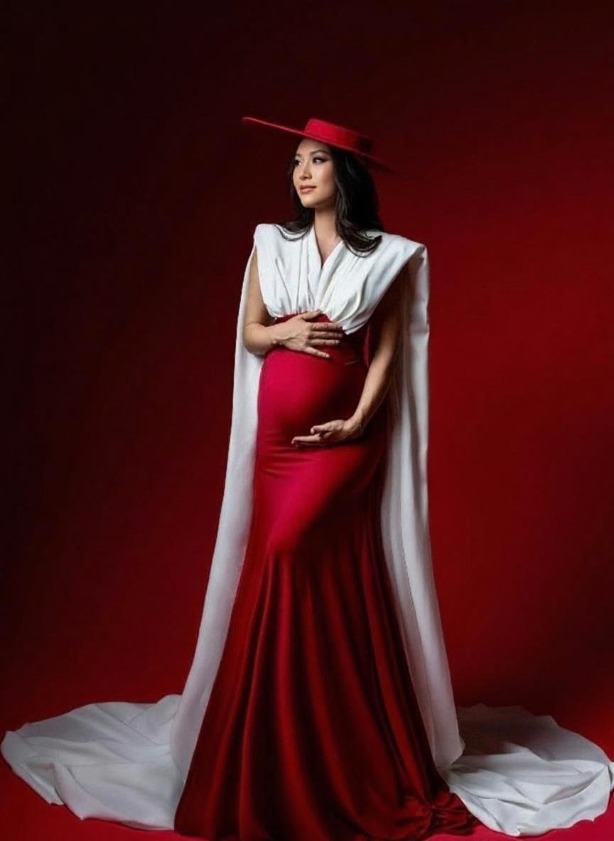 Pure red Satin short sleeve chapel length with cape Maternity gown