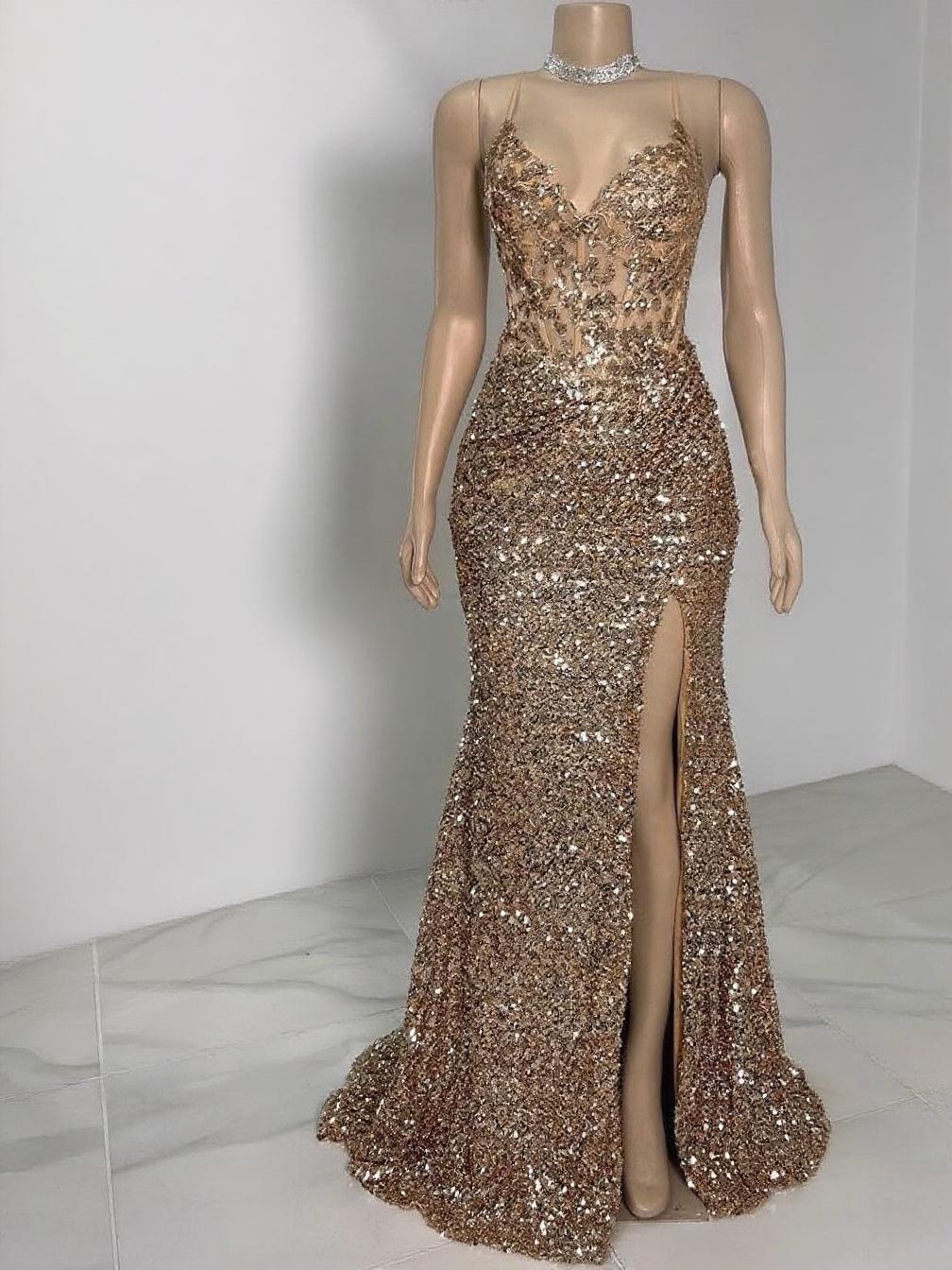 Fashionable High Slit Backless Sequin Party Dress