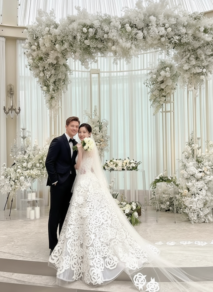 Stunning floral design lace off the shoulder floor length with veil bridal gown
