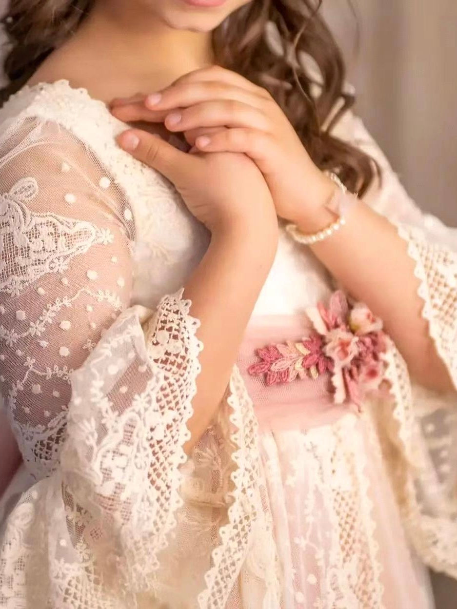 Floral laced full sleeve cute baby dress for special occassion