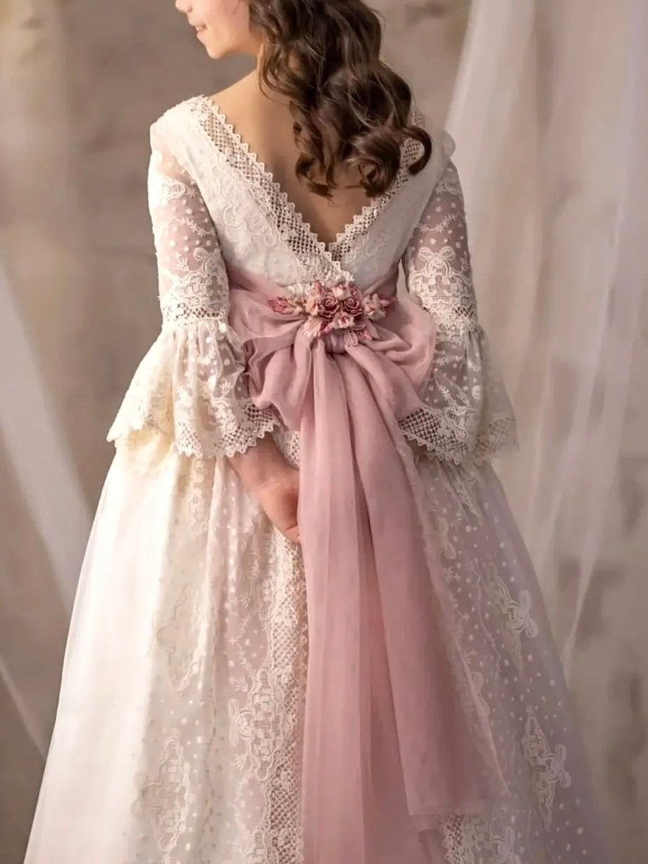 Floral laced full sleeve cute baby dress for special occassion