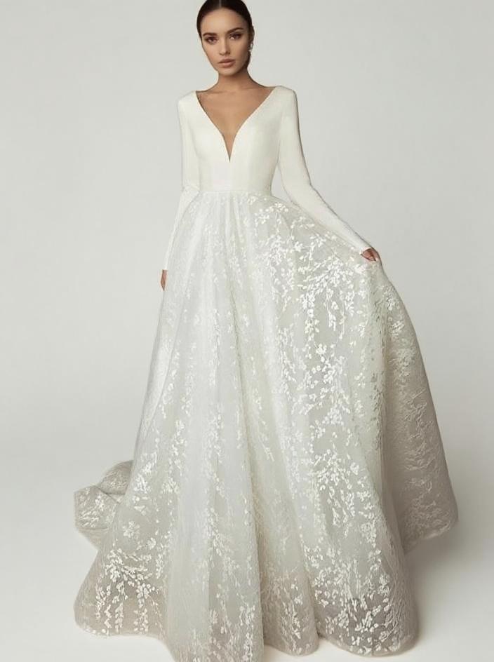 Full Sleeve deep V neck lace floral style bridal dress