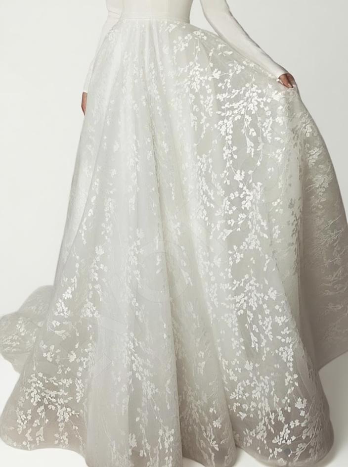 Full Sleeve deep V neck lace floral style bridal dress