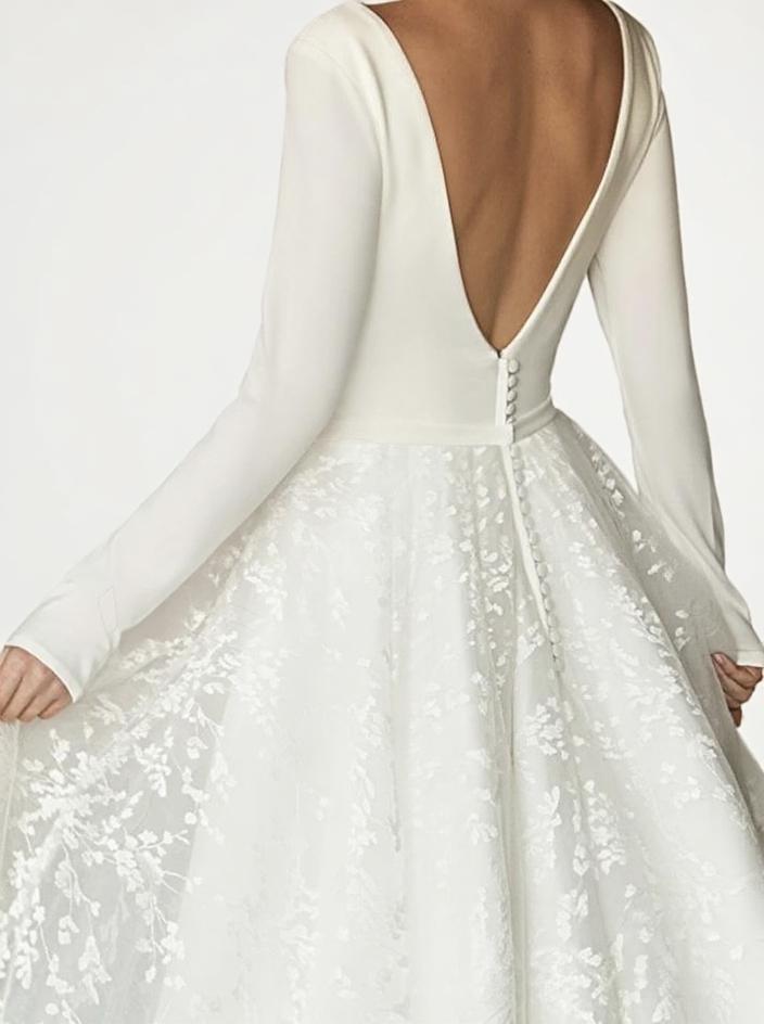 Full Sleeve deep V neck lace floral style bridal dress