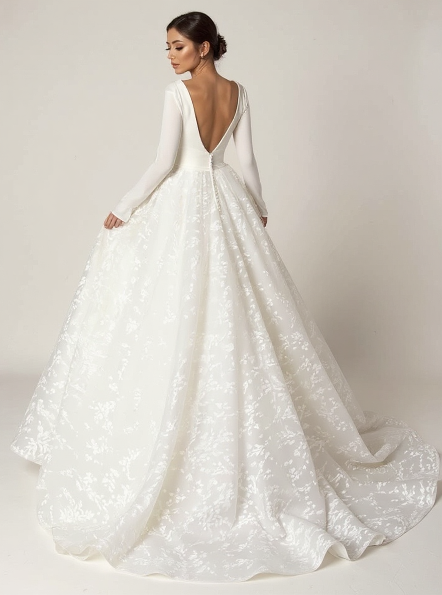 Full Sleeve deep V neck lace floral style bridal dress