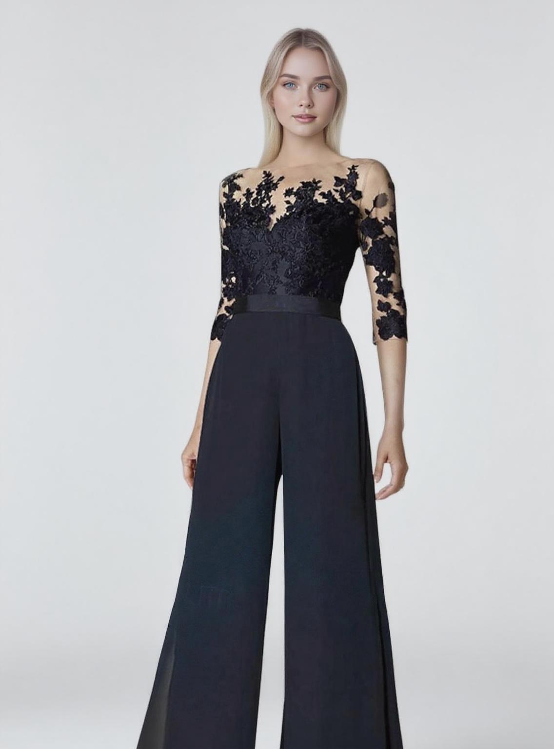 Deep Blue floral lace pant style suit party dress