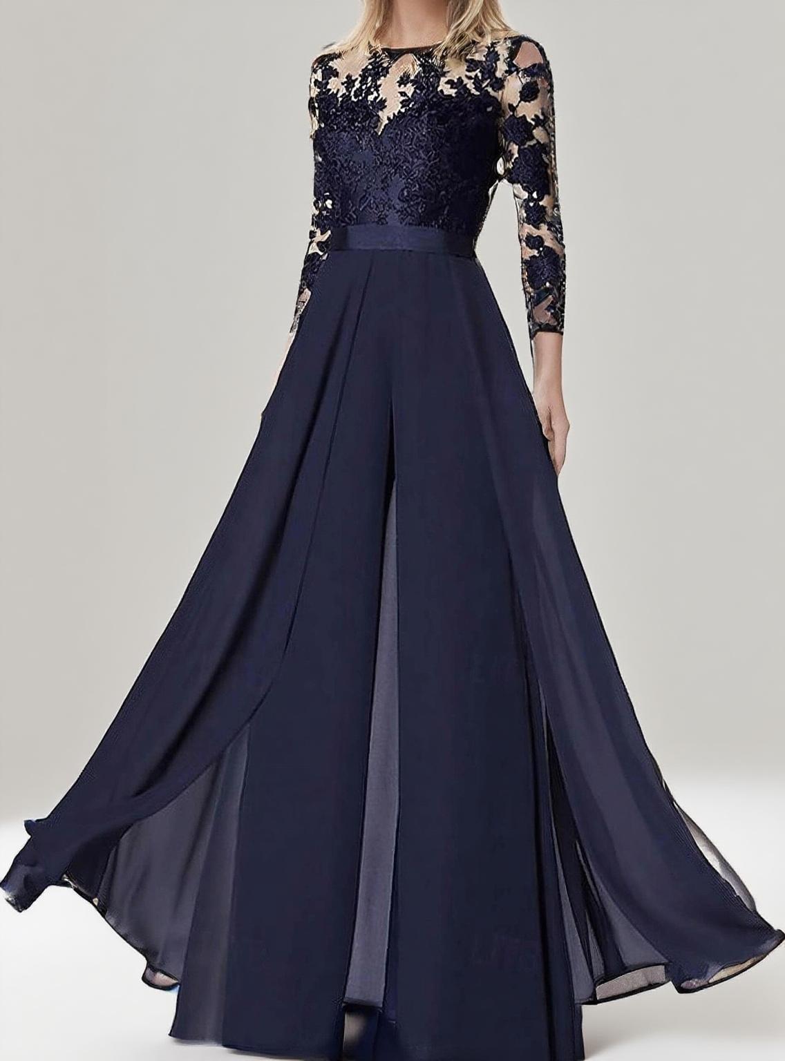 Deep Blue floral lace pant style suit party dress