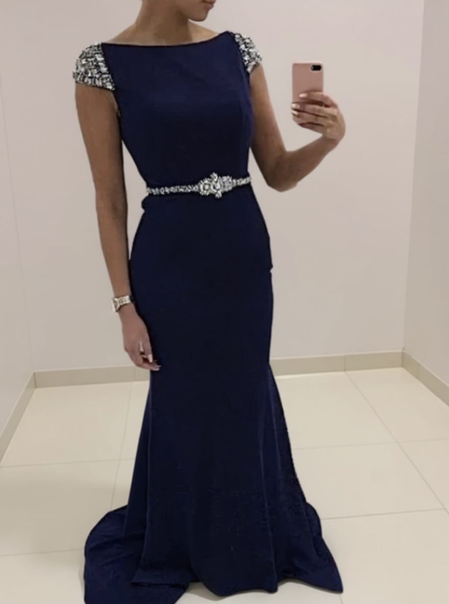 Backless navy blue mermaid sequented with belt party gown