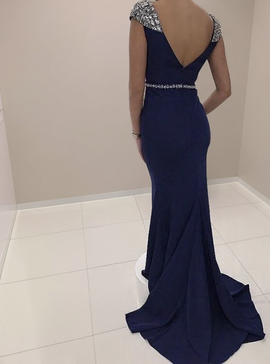 Backless navy blue mermaid sequented with belt party gown