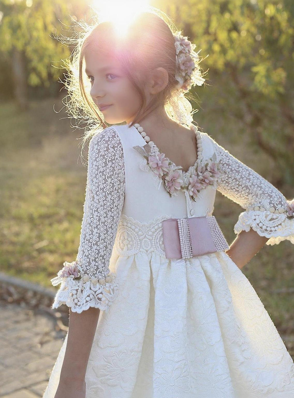 White jacquard communion dress with mauve sash for kids