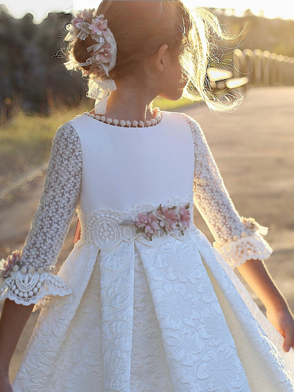 White jacquard communion dress with mauve sash for kids