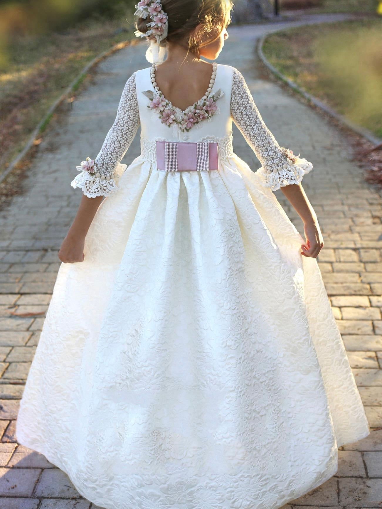 White jacquard communion dress with mauve sash for kids
