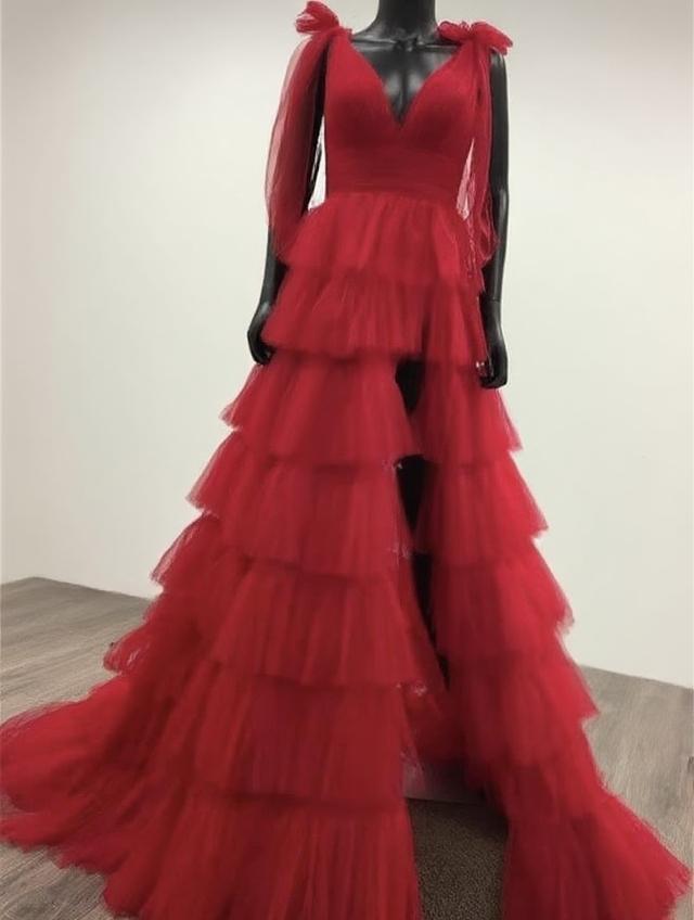 Straps A-Line Tulle Tiered Long Prom Dress with Slit