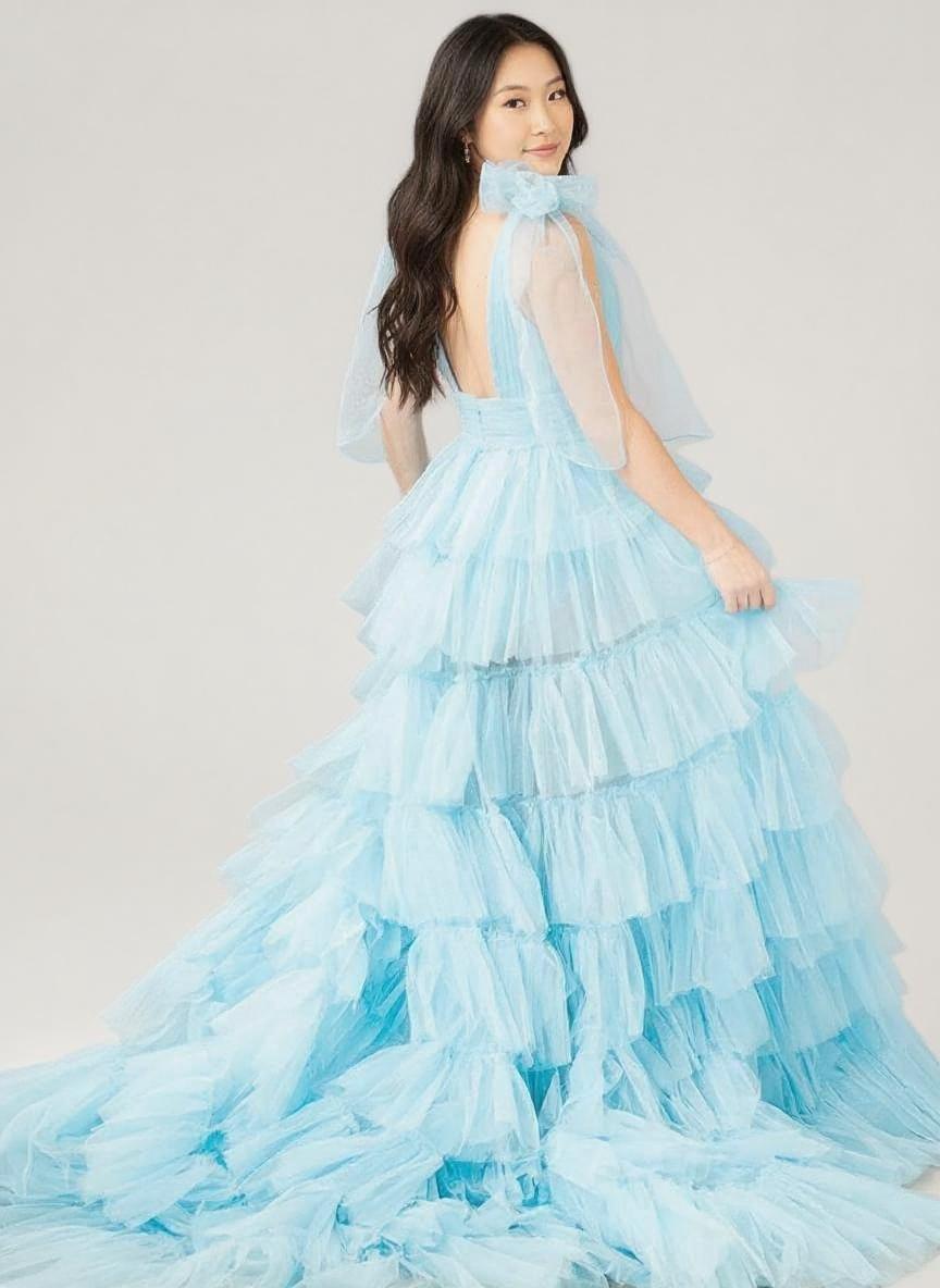 Straps A-Line Tulle Tiered Long Prom Dress with Slit