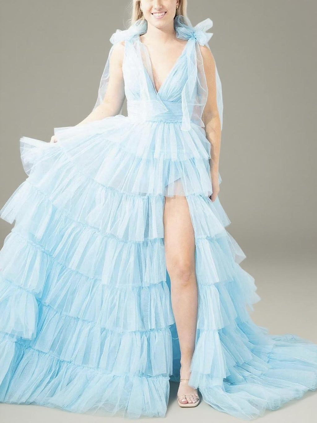 Straps A-Line Tulle Tiered Long Prom Dress with Slit