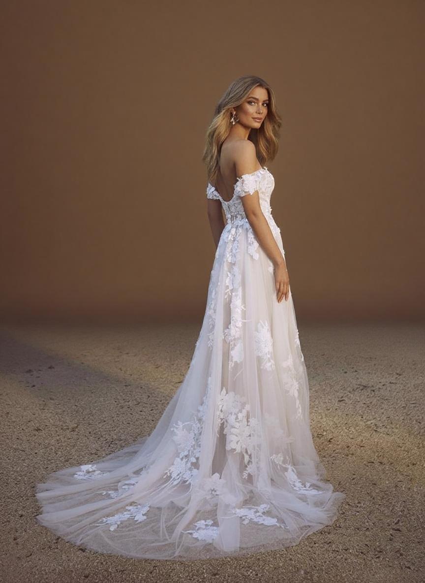 Off the shoulder chapel length lace bridal dress
