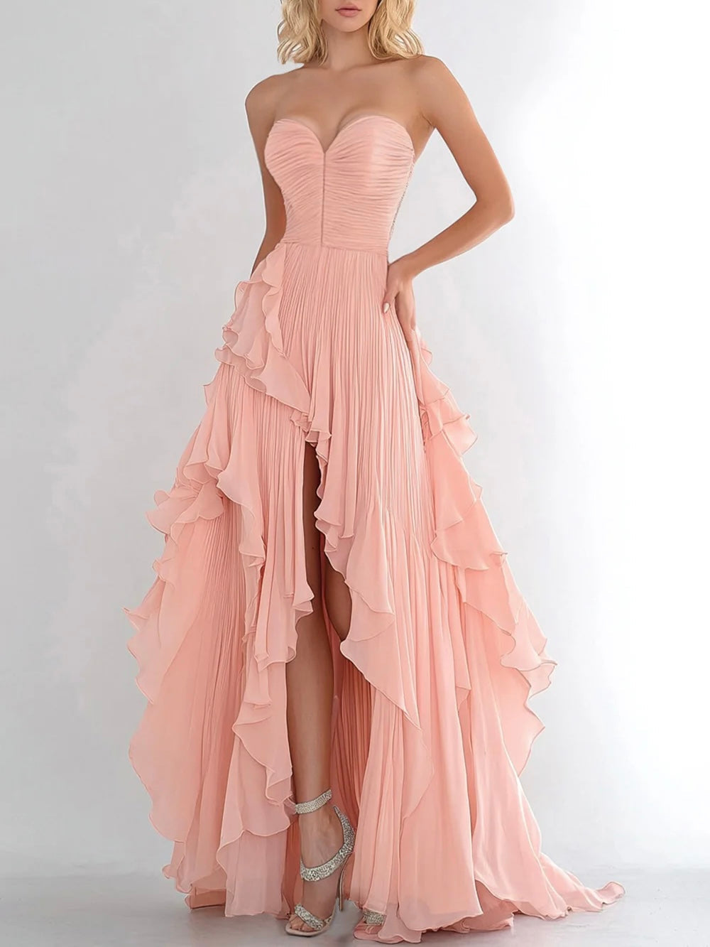 Off the shoulder Chiffon Ruffled Long Prom Dress