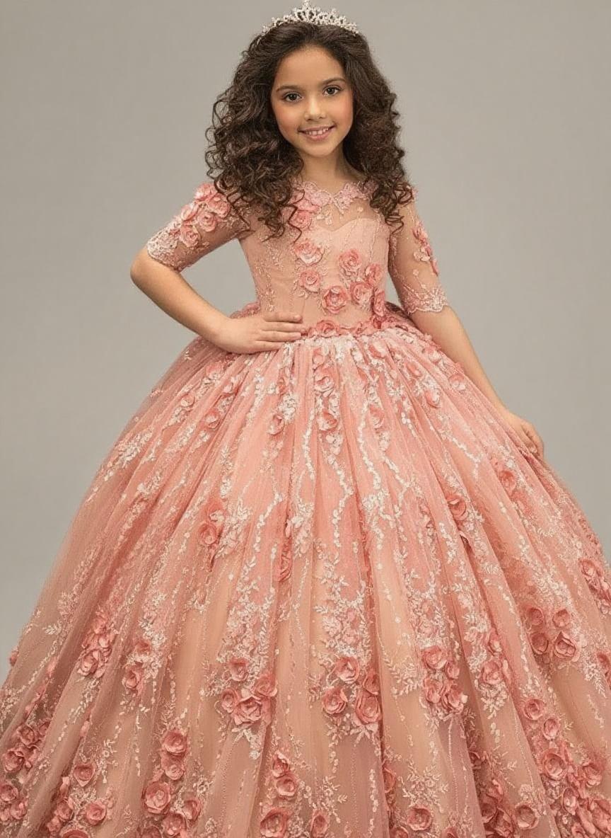Gorgeous looking floral laced short sleeve flower girl dress for baby girls