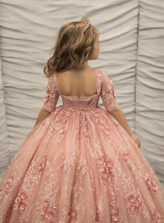 Gorgeous looking floral laced short sleeve flower girl dress for baby girls