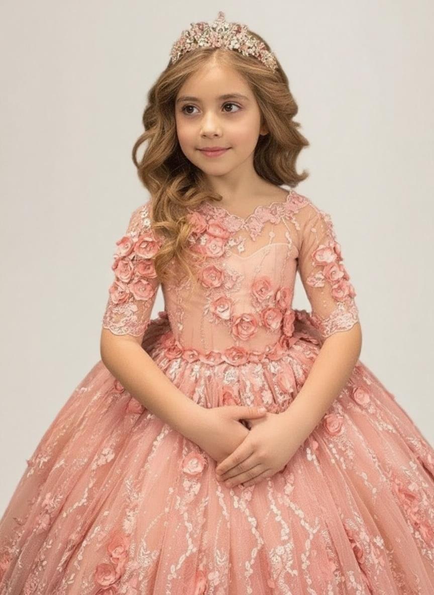 Gorgeous looking floral laced short sleeve flower girl dress for baby girls