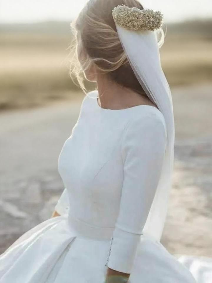 High neck long sleeve backless Cathedral length wedding dress