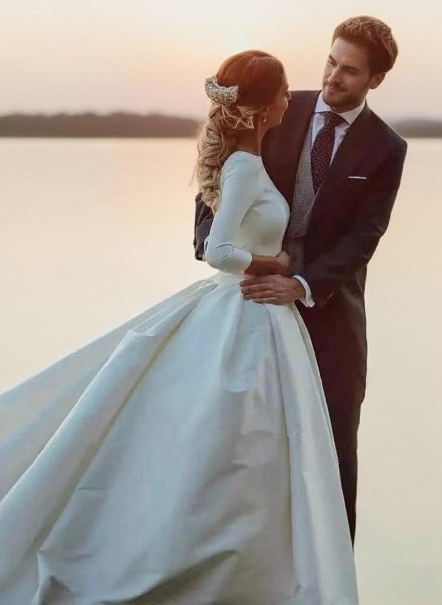 High neck long sleeve backless Cathedral length wedding dress