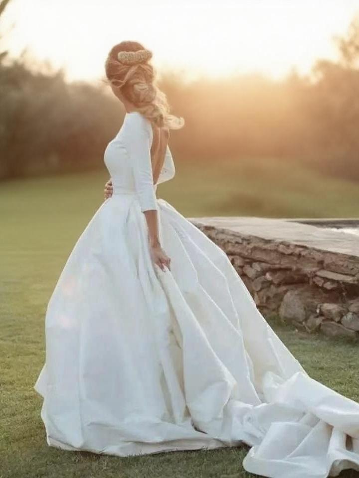 High neck long sleeve backless Cathedral length wedding dress