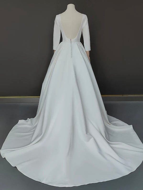 High neck long sleeve backless Cathedral length wedding dress