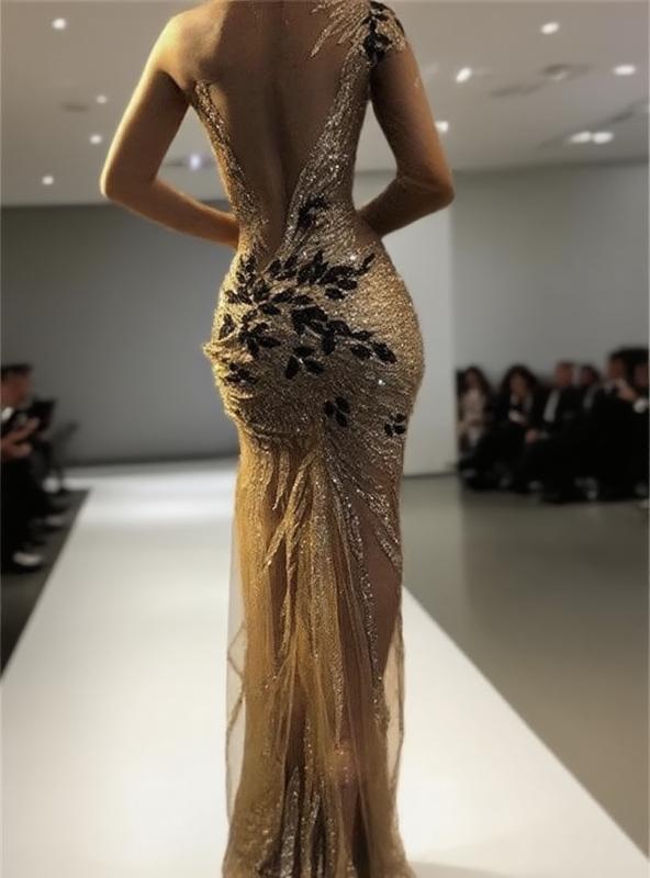 One Shoulder Sparkly Sequin Prom Dresses With Appliques