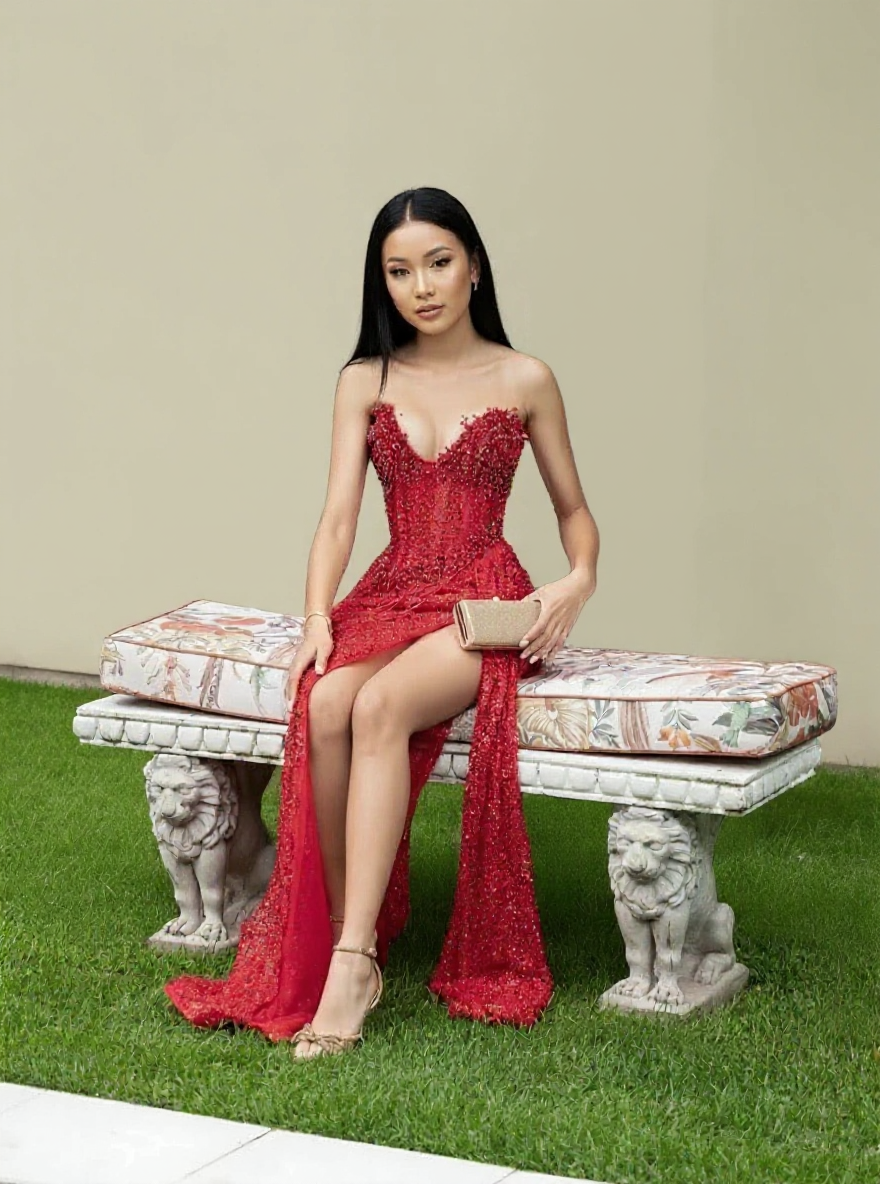 Rose red sweep length off shoulder V neck floral lace party and ceremony dress