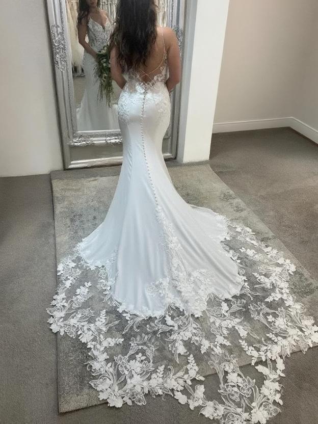Laced Cathedral spaghetti straps backless floral birdal dress