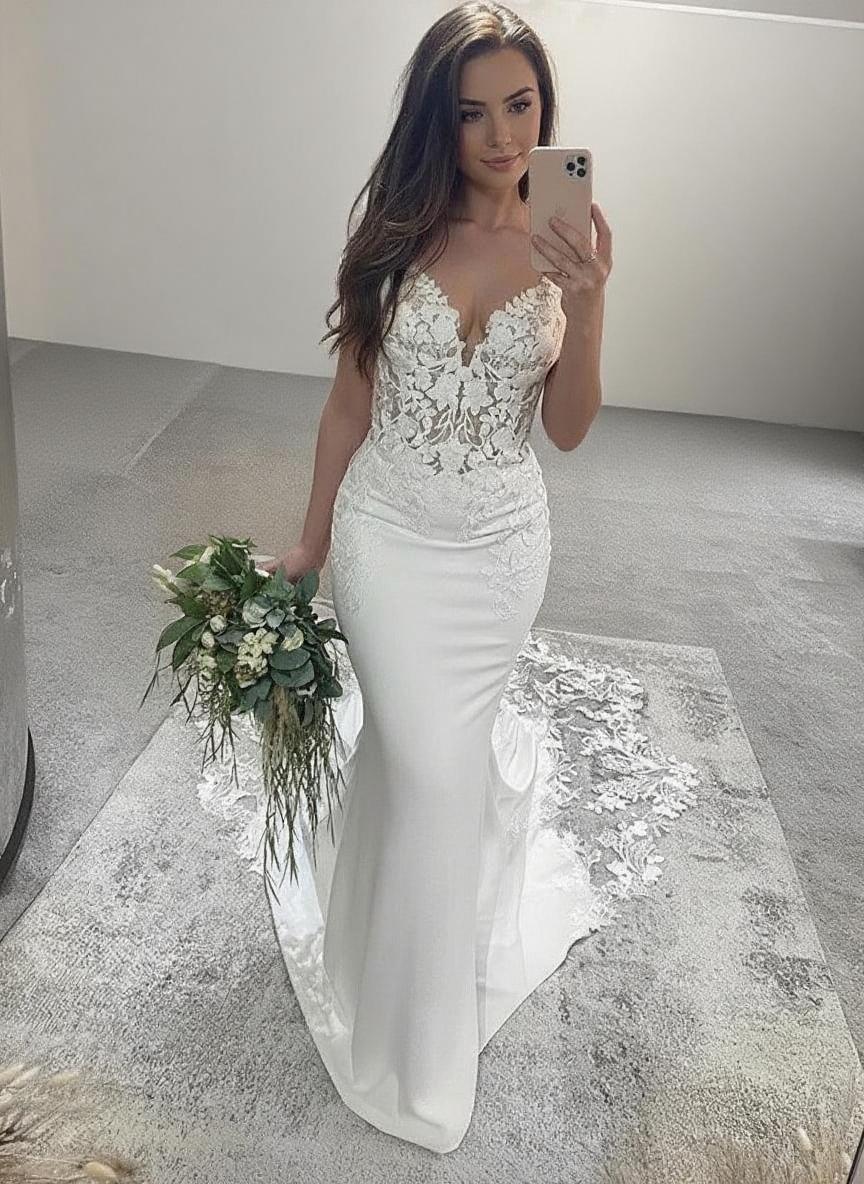 Laced Cathedral spaghetti straps backless floral birdal dress