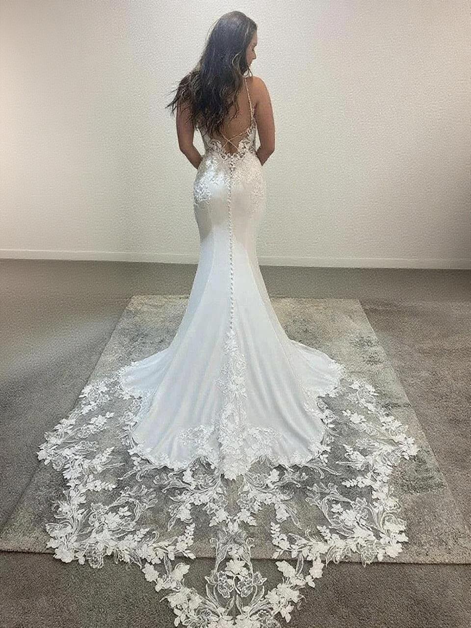 Laced Cathedral spaghetti straps backless floral birdal dress