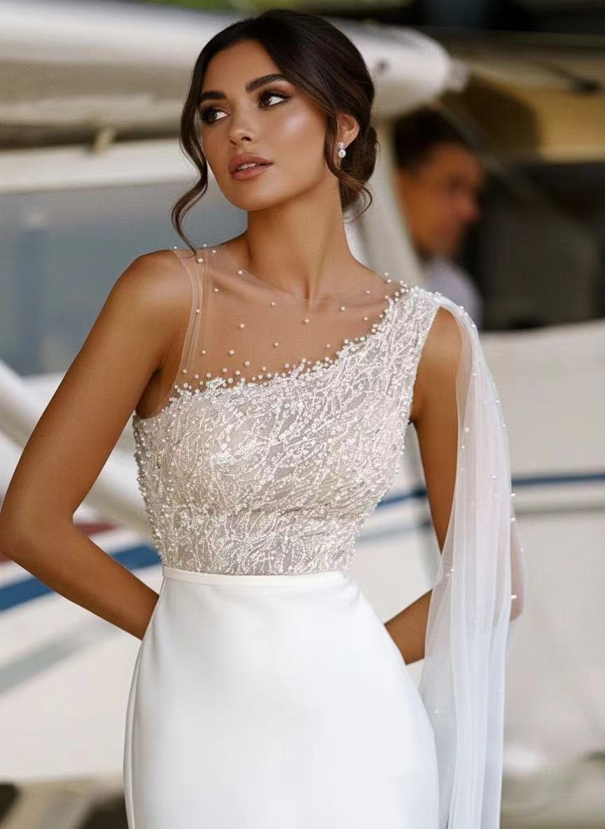 Floral Lace one shoulder sweep length pure white bridal dress