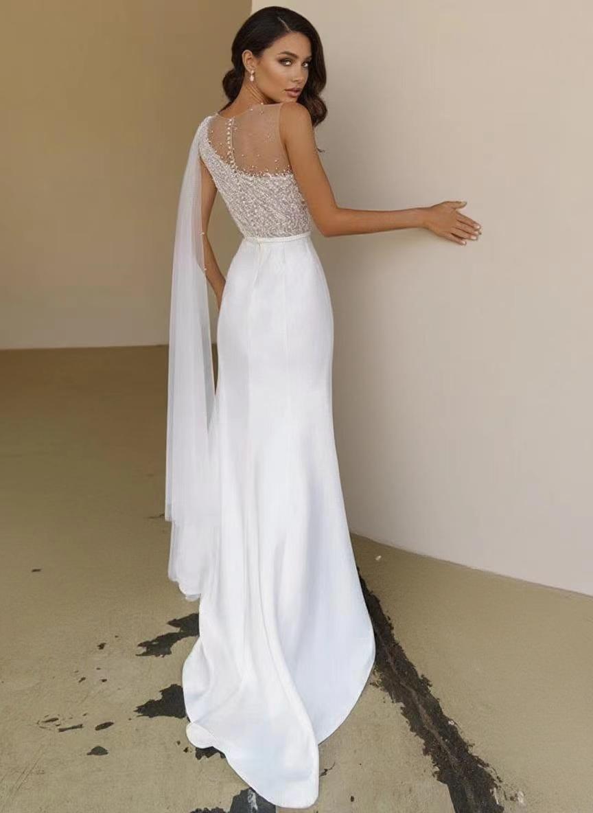 Floral Lace one shoulder sweep length pure white bridal dress