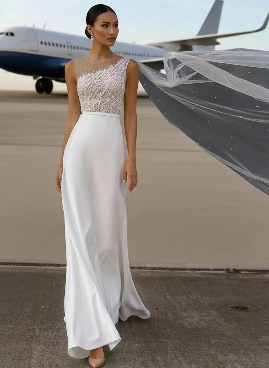 Floral Lace one shoulder sweep length pure white bridal dress